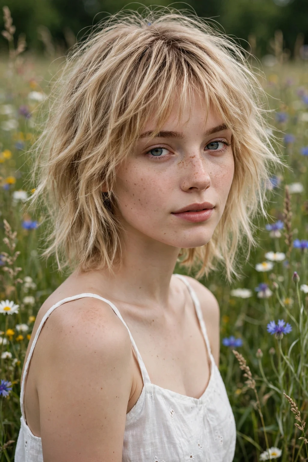 Beautiful woman with wispy shag cut, delicate wispy shag, airy light.