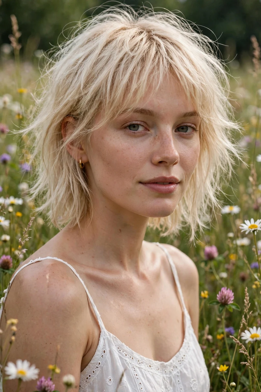 Beautiful woman with fine hair and wispy shag, delicate wispy shag, gentle light.