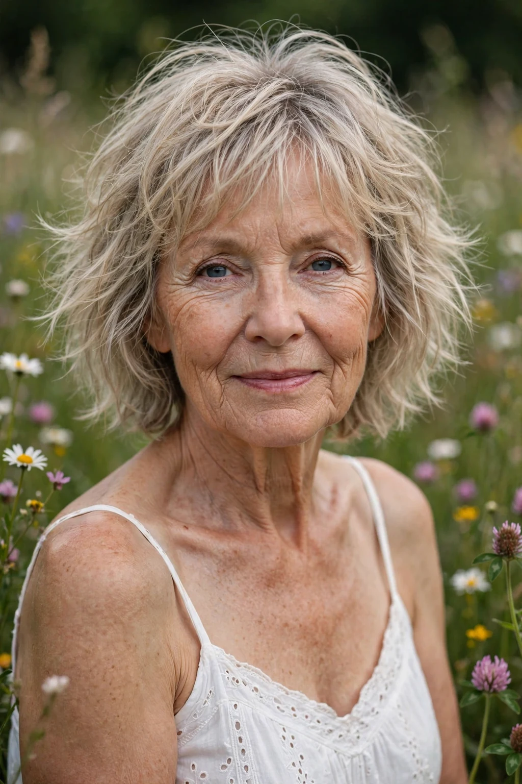 Beautiful woman over 60 with wispy shag, delicate wispy shag, gentle light.
