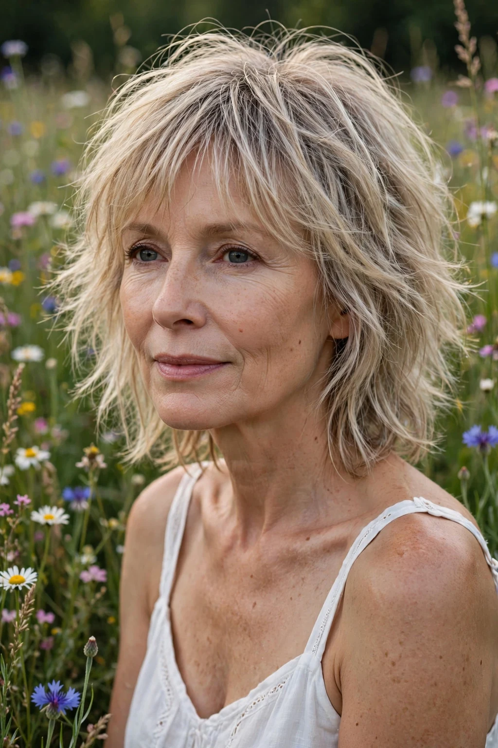 Beautiful woman over 50 with wispy shag, delicate wispy shag, gentle light.