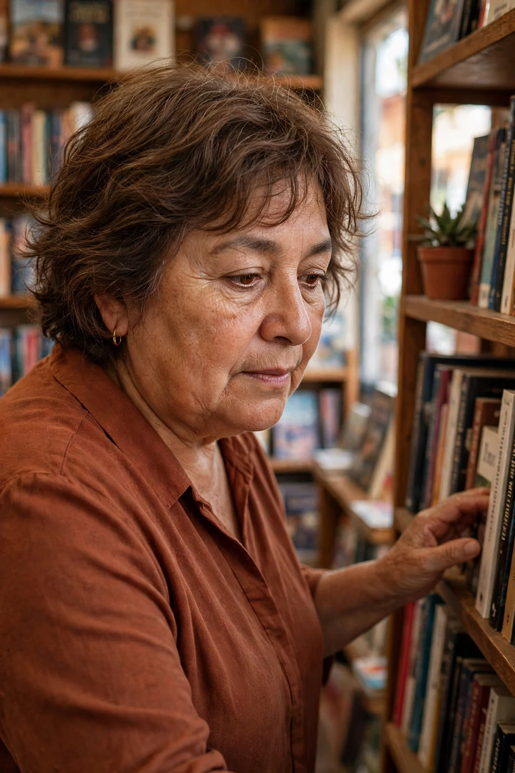 Mature woman over 50 with a wispy short shag haircut for fine thin hair, styled and full of volume.