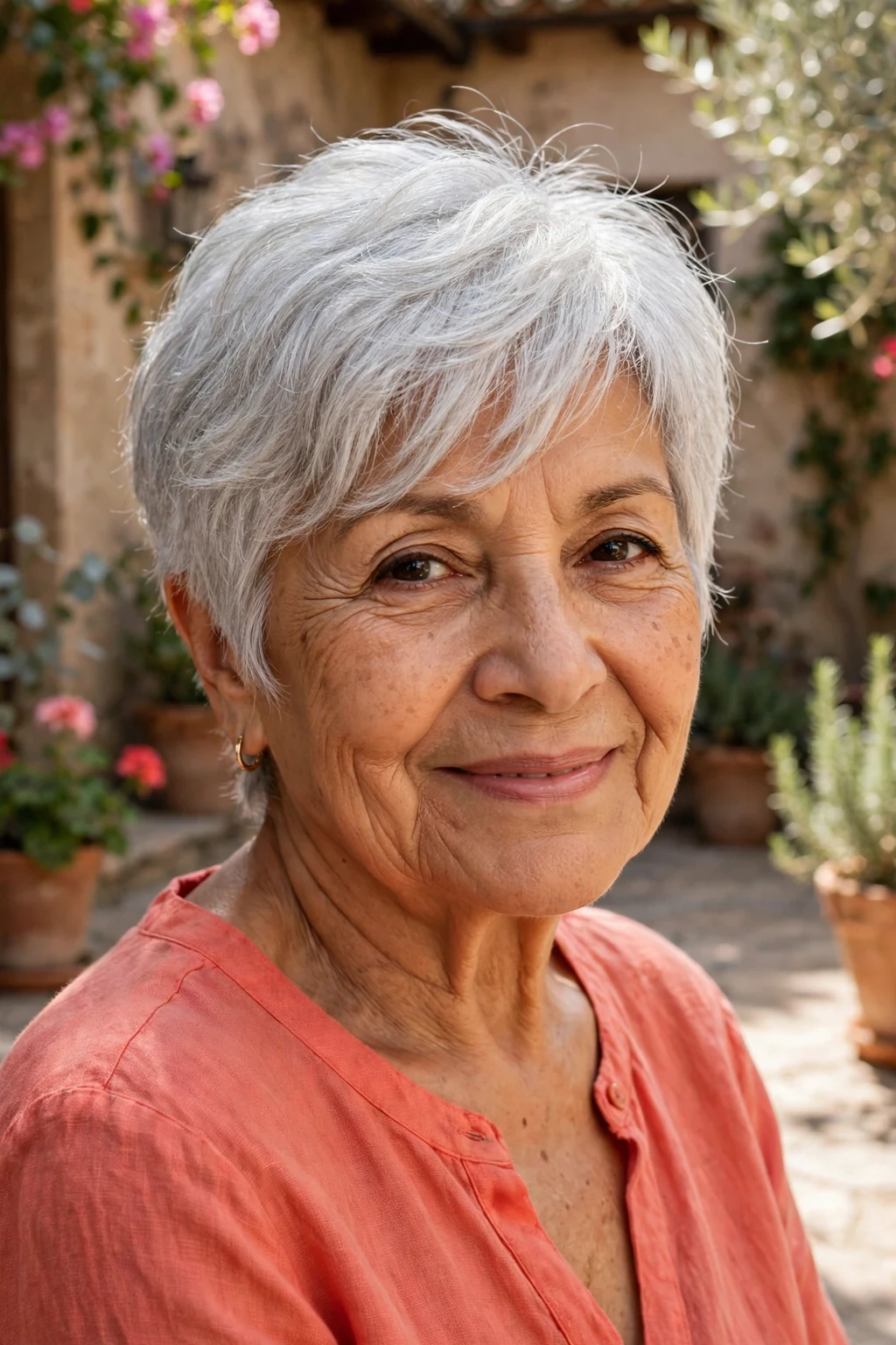 Delicate woman over seventy with a wispy silver pixie and side bangs.