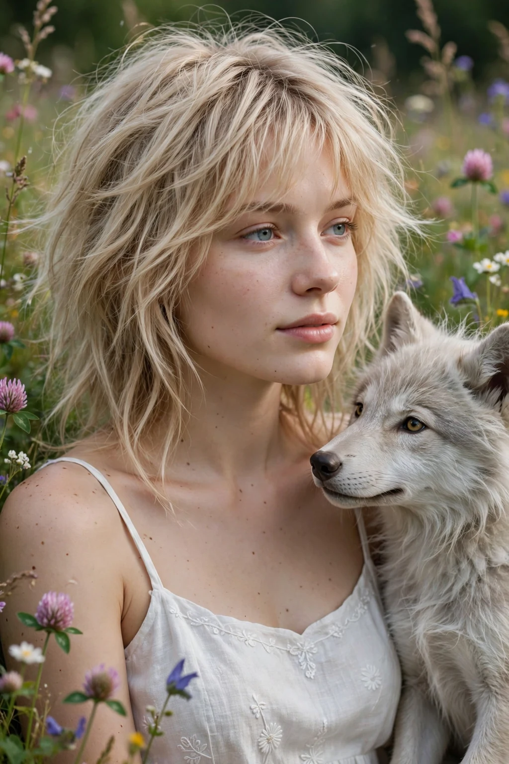 Beautiful woman with wispy wolf cut, delicate wispy wolf, airy light.