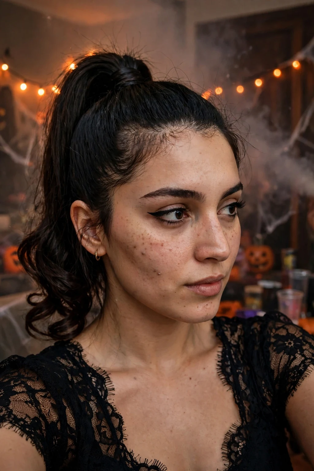 Young woman with a high witch ponytail and curled ends at a Halloween party wearing a black lace dress.
