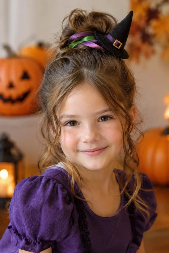 Witch hat top knot Halloween hairstyle for kids