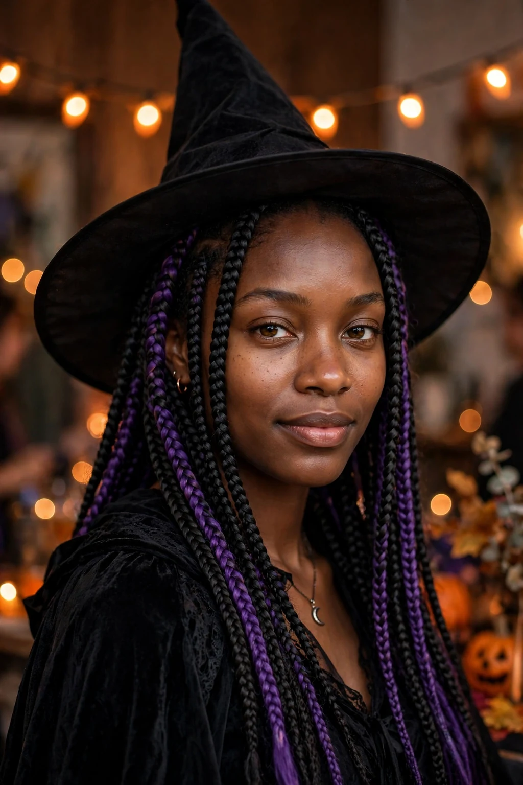 Young Black woman with long box braids streaked with purple at a Halloween party, wearing a witch costume.