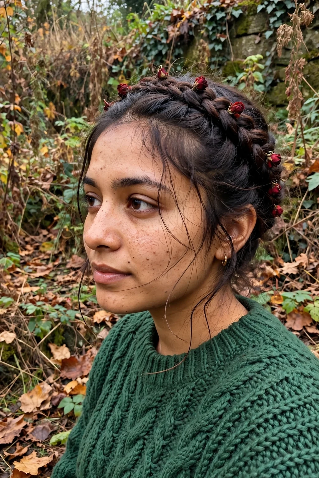 Young woman with a witchy braided crown updo in a garden wearing a forest-green knit sweater.