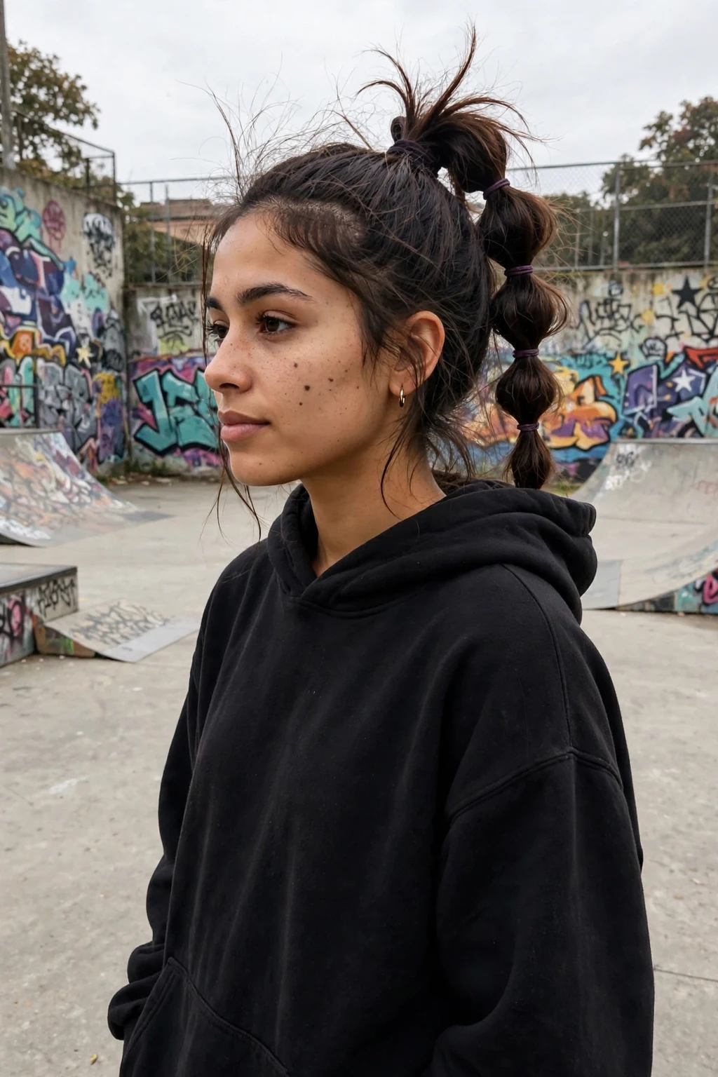 Young woman with a witchy bubble braid ponytail at a skate park wearing a black hoodie.