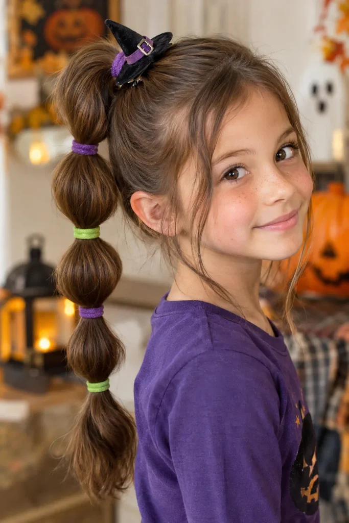 Witch-inspired bubble ponytail Halloween hairstyle for kid