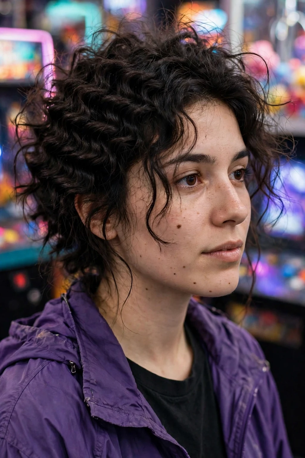 Young woman with witchy crimped hair in a retro arcade wearing a purple windbreaker.