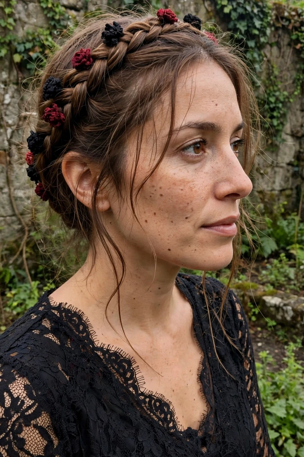 Young woman with a witchy crown braid and dark blooms in a cemetery garden wearing a black lace dress.