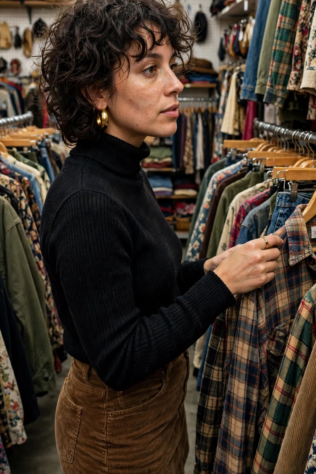 Young woman with a witchy curly shag and bangs in a vintage shop wearing a corduroy mini skirt.