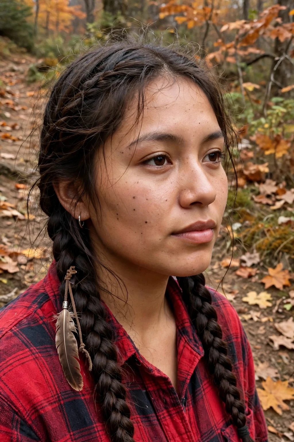 Young woman with witchy Dutch braids on a hiking trail wearing a plaid flannel shirt.
