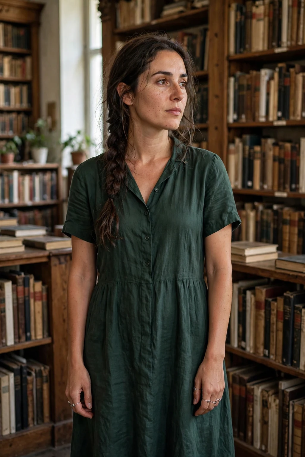 Young woman with a witchy fishtail braid in a library wearing a dark green midi dress.