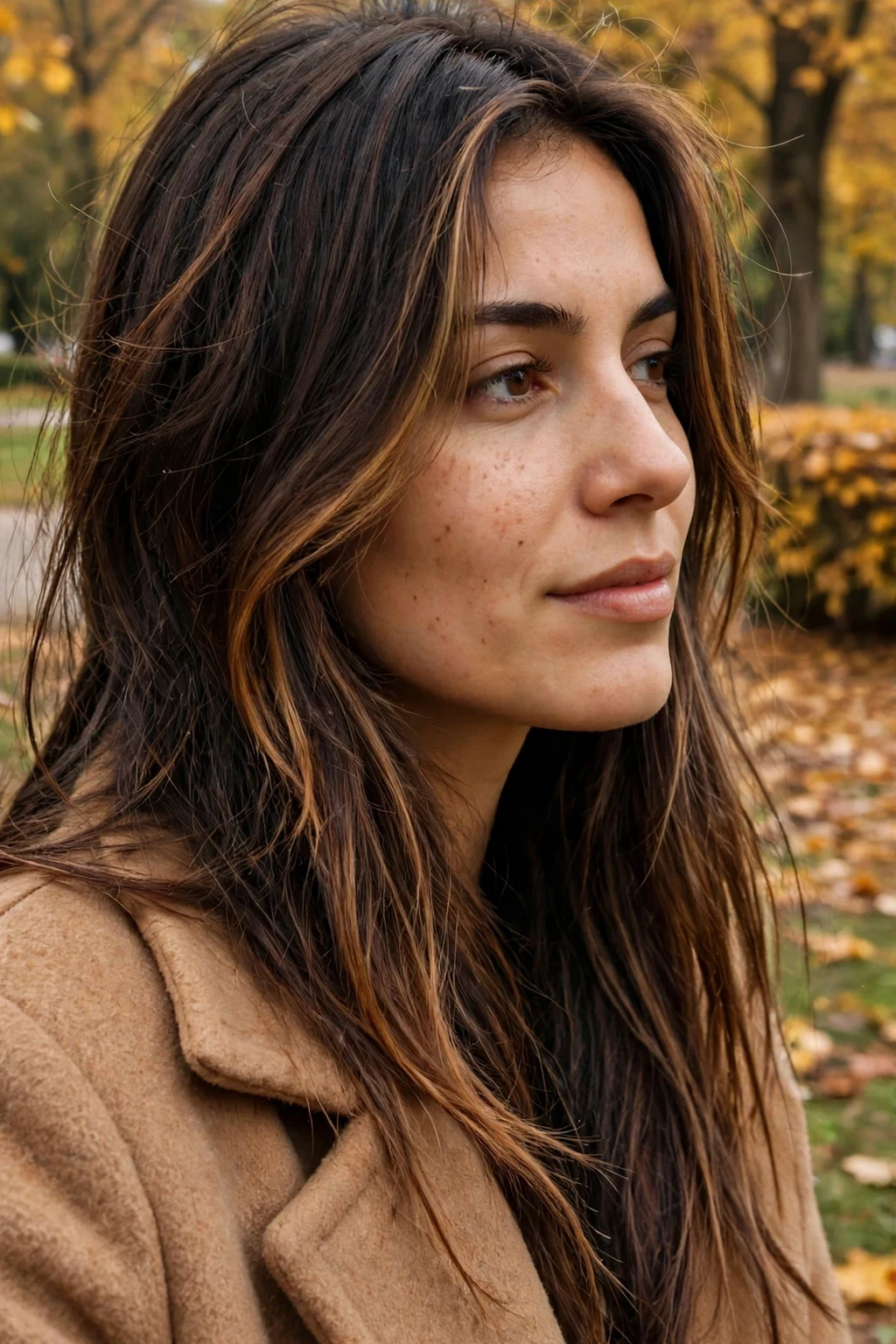 Young woman with witchy long layers and face-framing highlights in a park wearing a camel coat.
