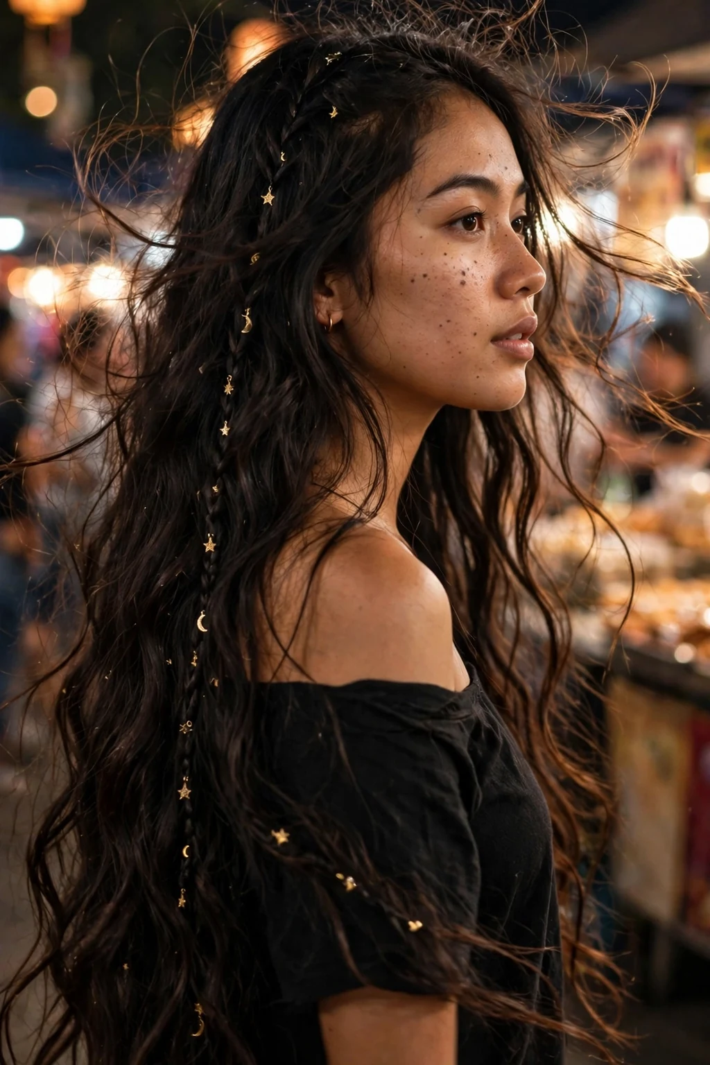 Young woman with witchy mermaid waves and hair charms at a night market wearing a black off-shoulder top.