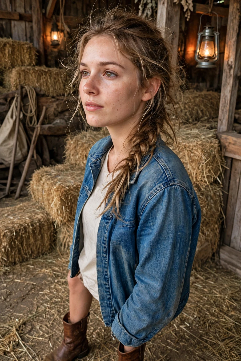 Young woman with a witchy messy French braid in a barn wearing a denim jacket and boots.