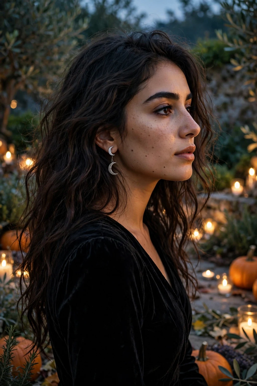 Young woman with long dark witchy waves and a black velvet dress at an autumn evening gathering.