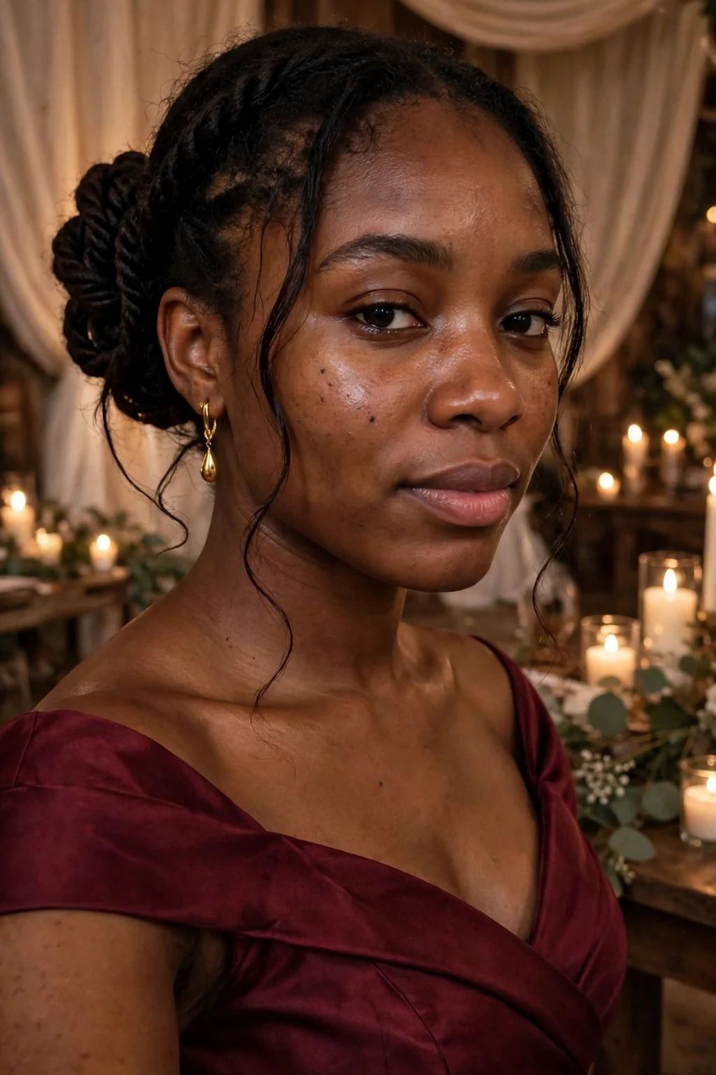 Young woman with a witchy rope twist updo at a wedding venue wearing a burgundy gown.