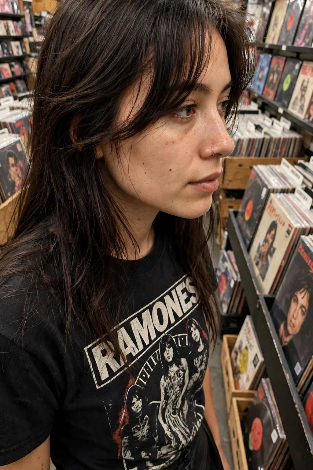Young woman with witchy side-swept bangs and long dark hair in a record store wearing a leather skirt.