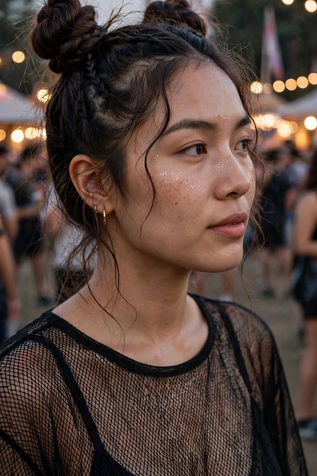 Young woman with witchy space buns and braids at a music festival wearing a black mesh top.