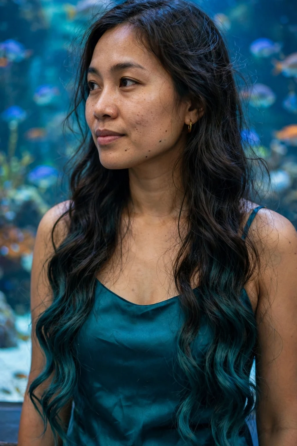 Young woman with witchy teal-tipped mermaid waves at an aquarium wearing a teal satin dress.