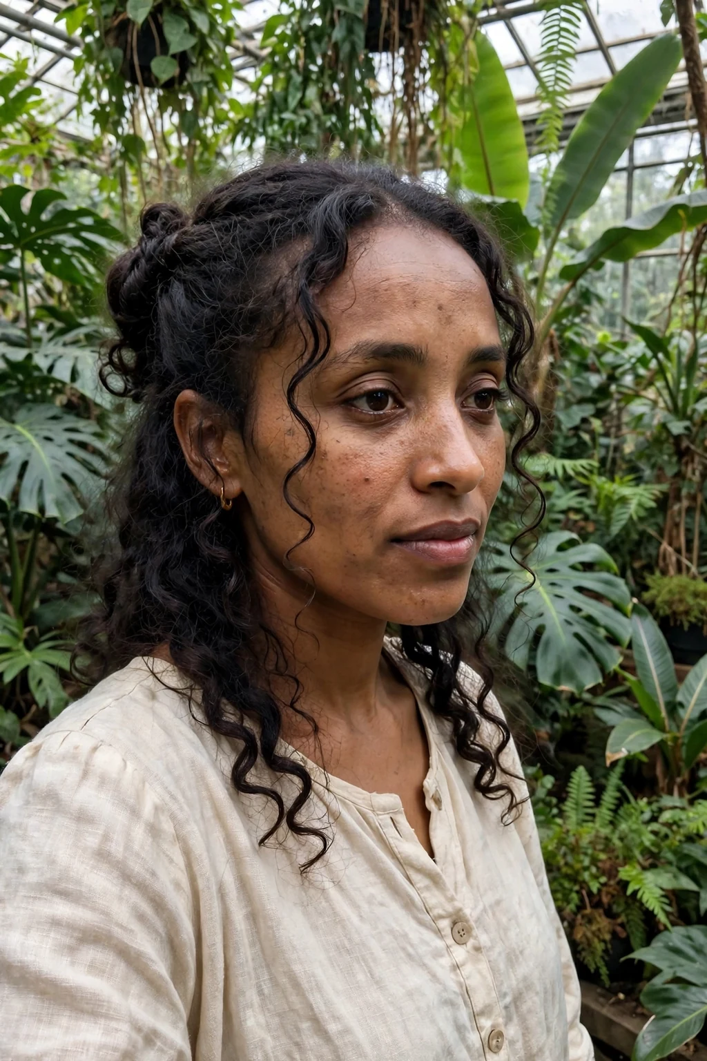 Young woman with a witchy twisted half-updo in a greenhouse wearing a cream linen dress.