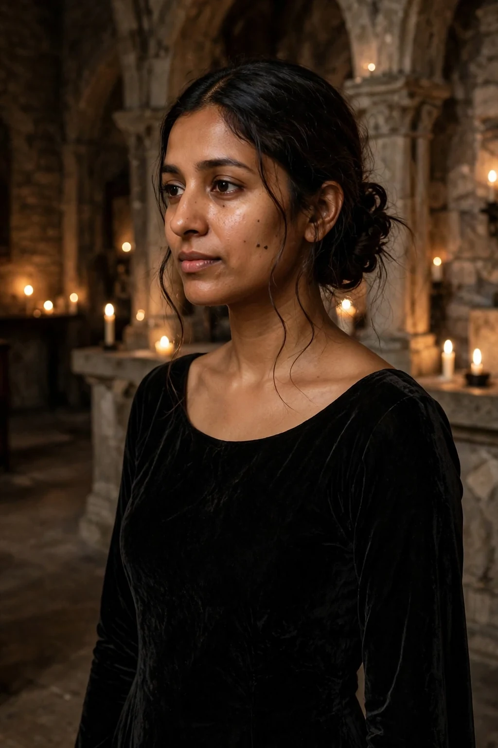 Young woman with a witchy twisted low bun in a candlelit chapel wearing a black velvet gown.