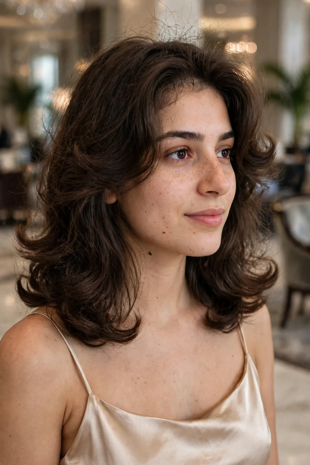 Young woman with a witchy voluminous blowout in a hotel lobby wearing a satin slip dress.