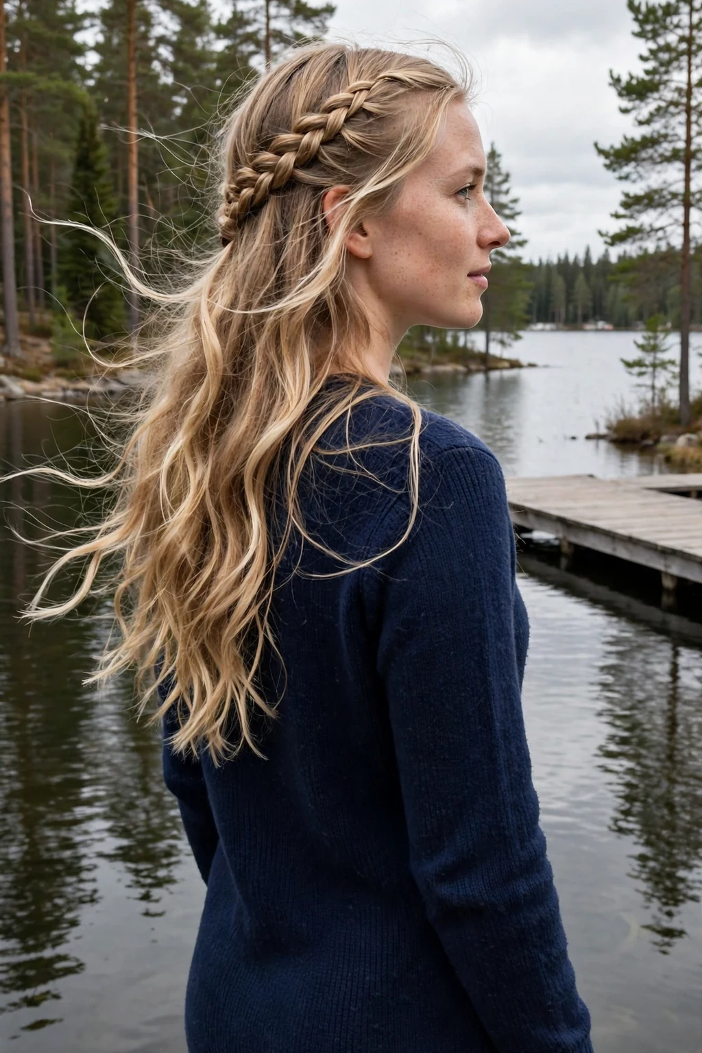 Young woman with a witchy waterfall braid and long waves at a lakeside dock wearing a navy sweater dress.