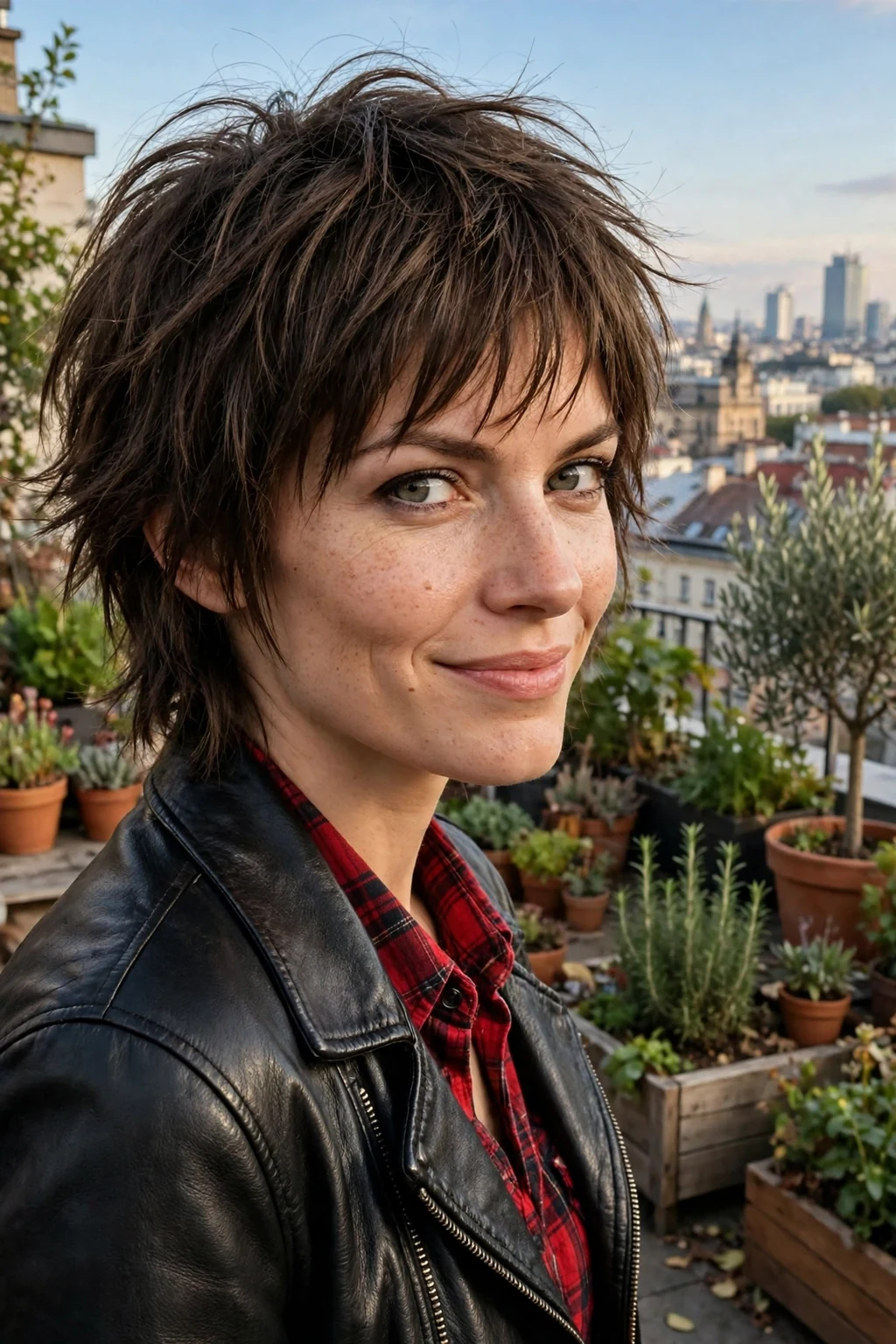 A young woman with a wolf cut shag and wispy bangs, standing on a city rooftop terrace.