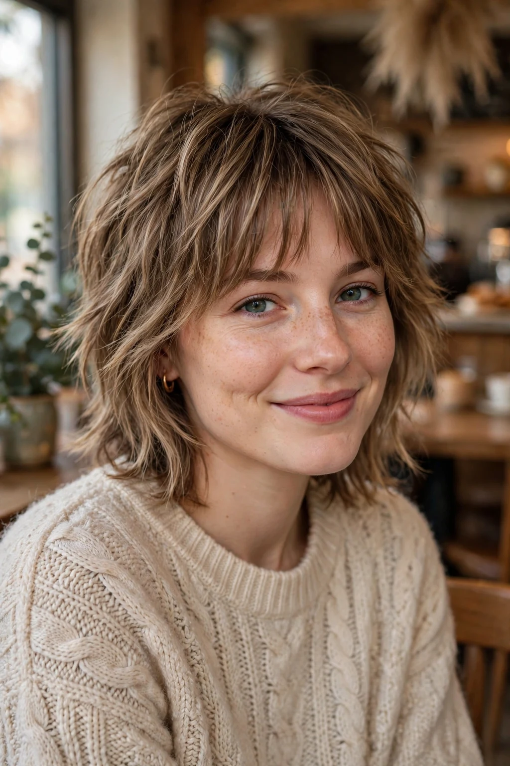 Beautiful woman with wolf cut with bangs, wolf cut with curtain bangs, soft light.