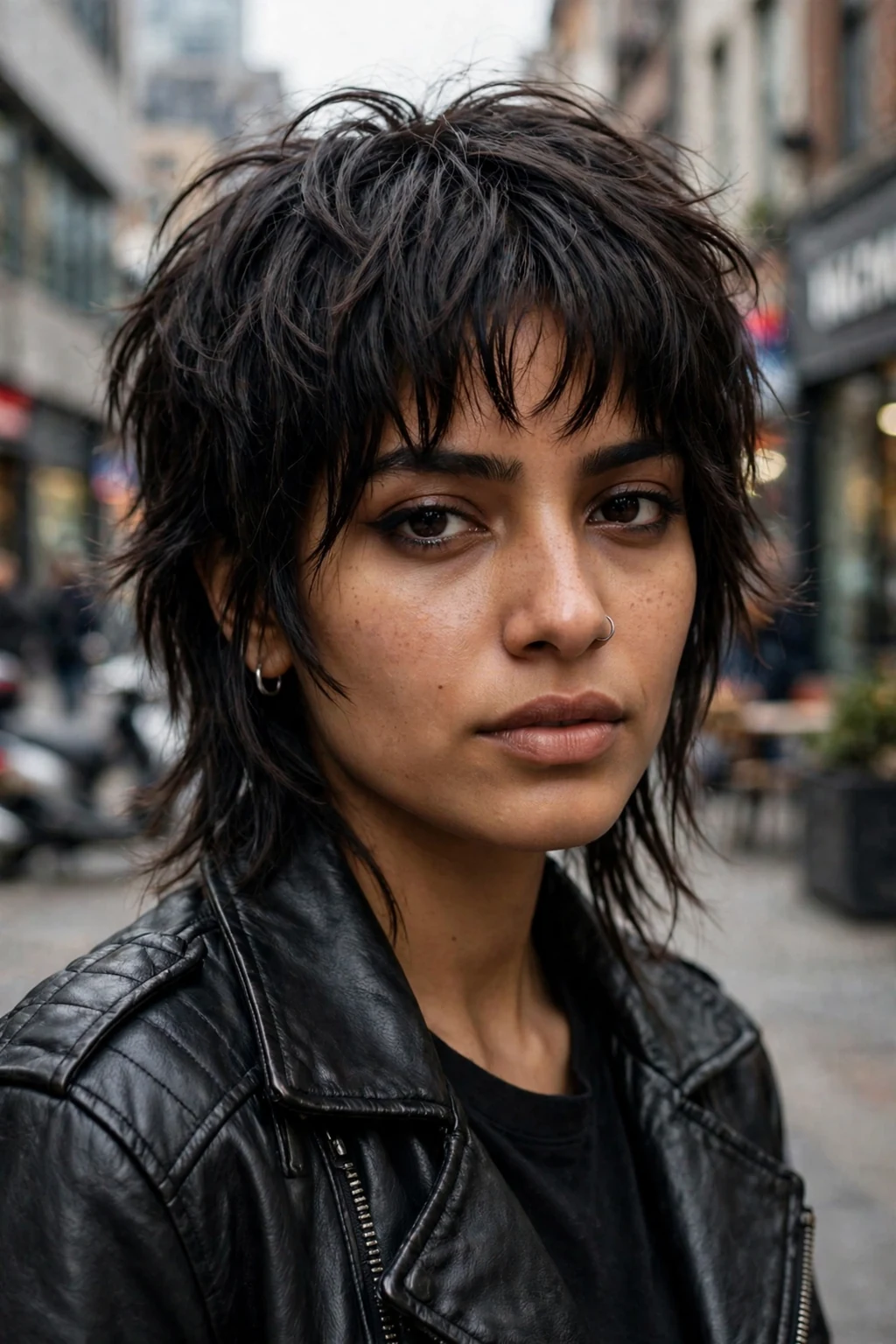 Beautiful woman with curtain bangs and wolf cut, edgy wolf cut with bangs, bold light.