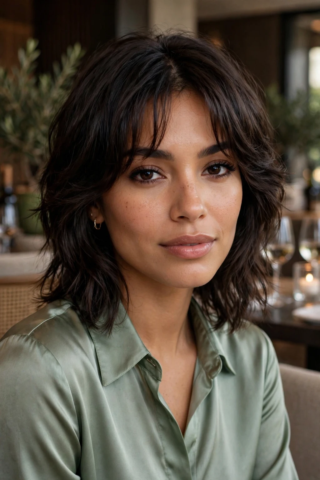 Beautiful woman with wolf cut with curtain bangs, elegant curtain bang wolf, refined light.