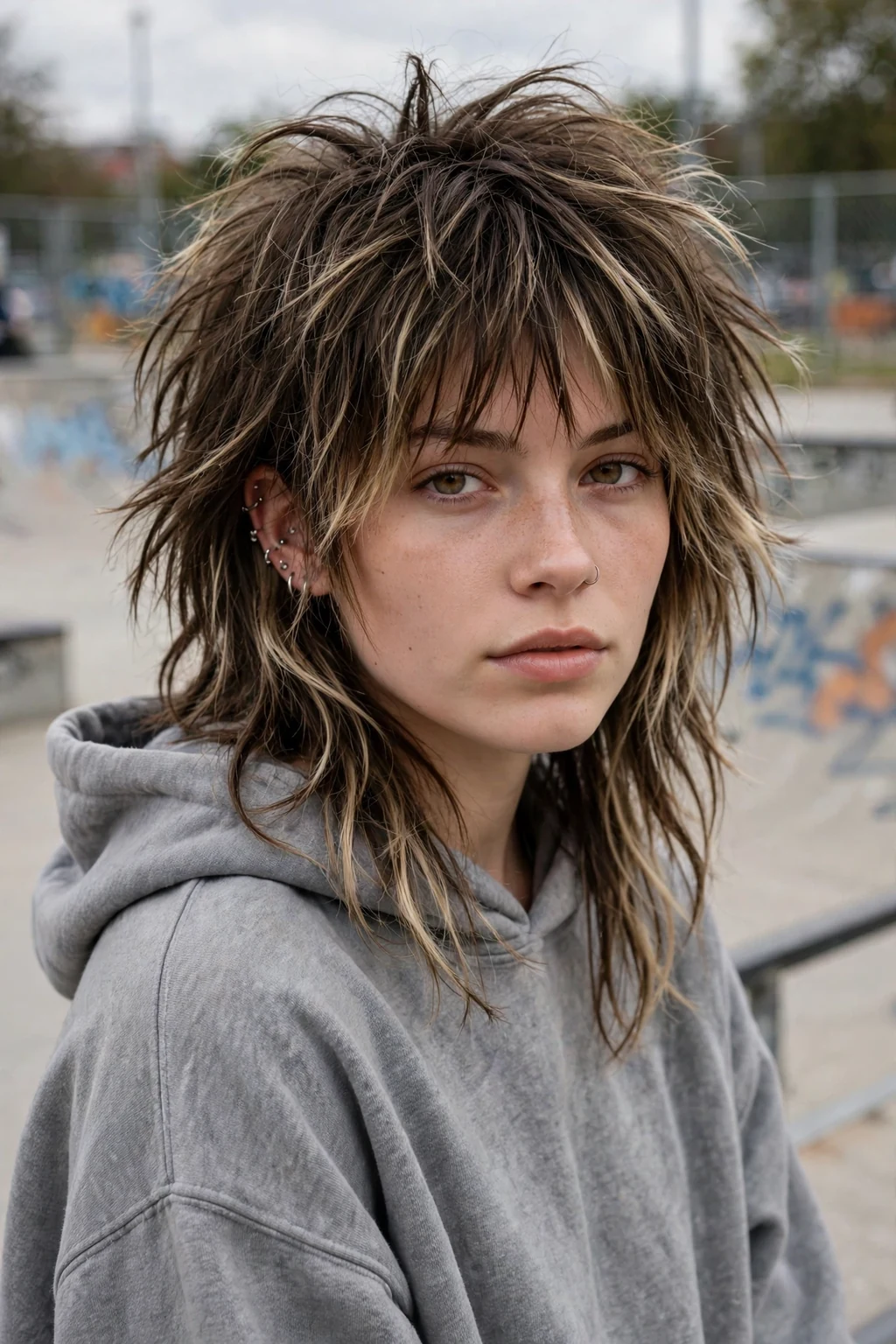 Beautiful woman with wolf shag cut, bold wolf shag, edgy light.