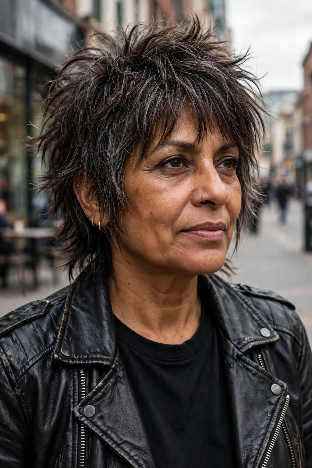 Beautiful woman over 50 with wolf shag, edgy wolf shag, bold light.