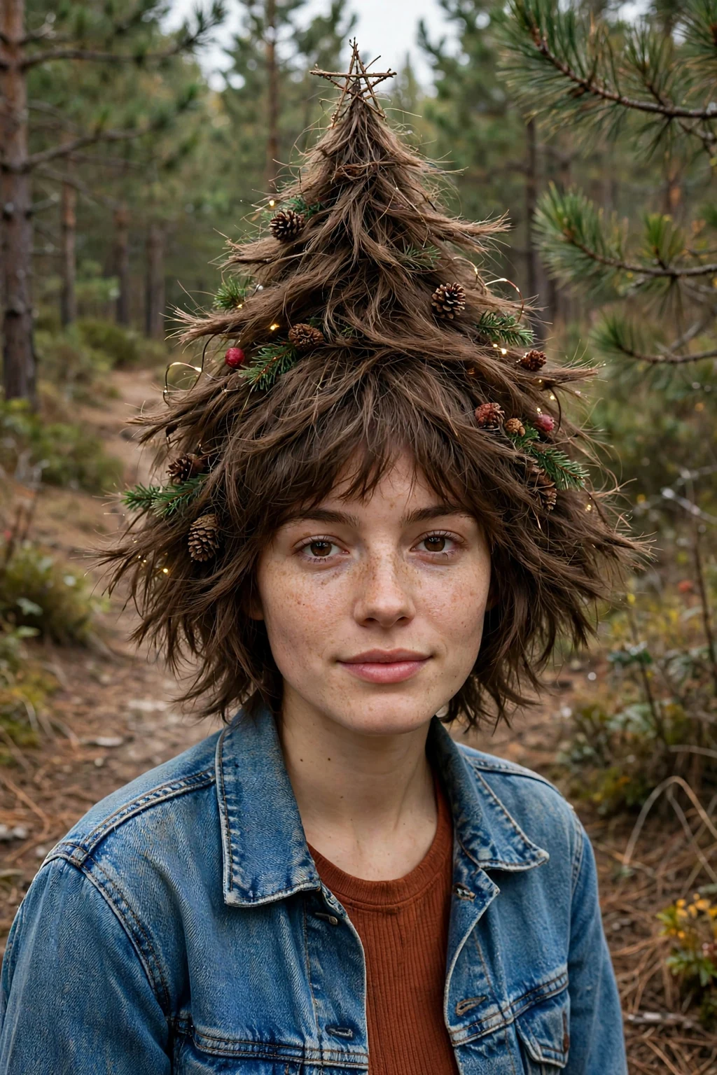 Young woman with woodland pine shag hairstyle, festive holiday look.