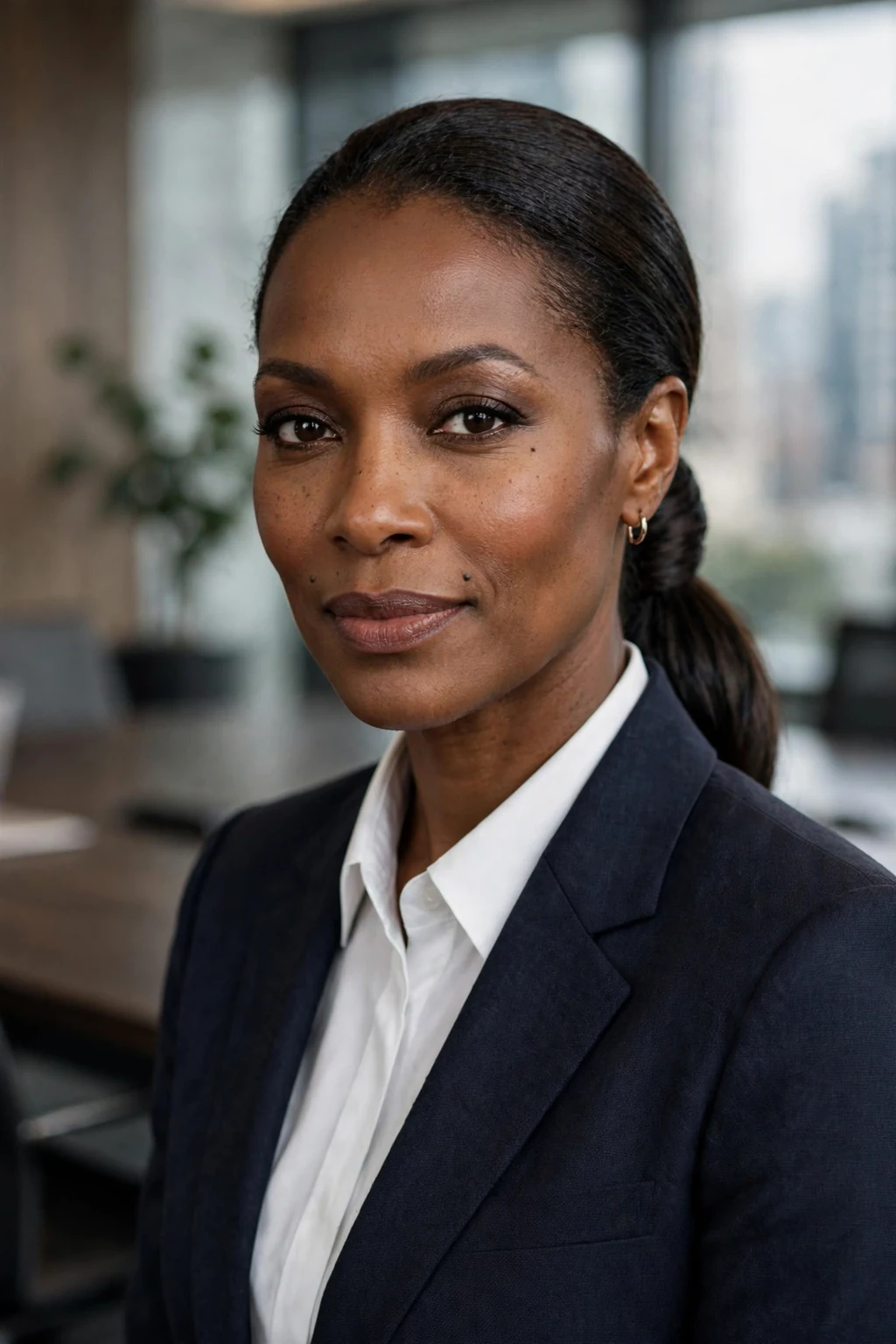 Beautiful woman with low pony with sleek wrap, polished wrap low pony, sophisticated light.