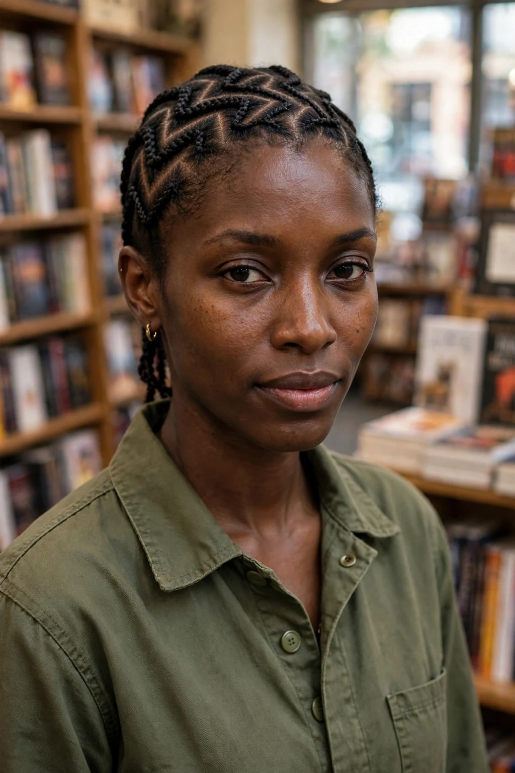 Young Black woman with zigzag cornrows in a bookstore, wearing an olive jumpsuit.