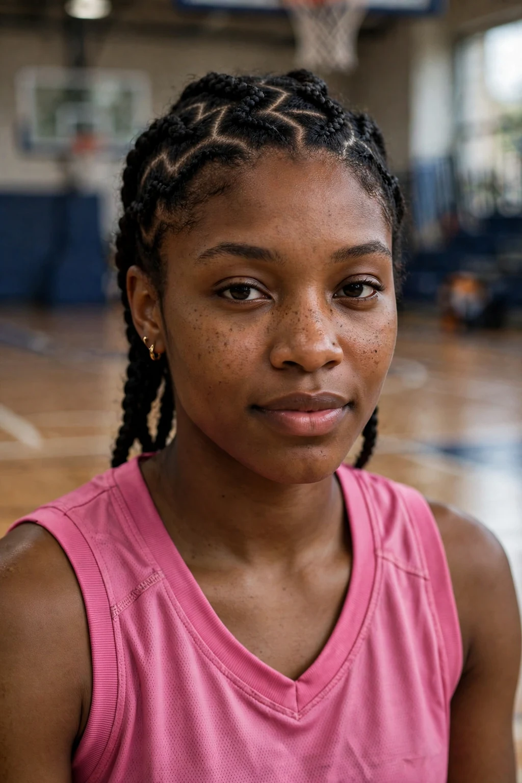 Young woman athlete with zigzag part cornrows, wearing a pink jersey.