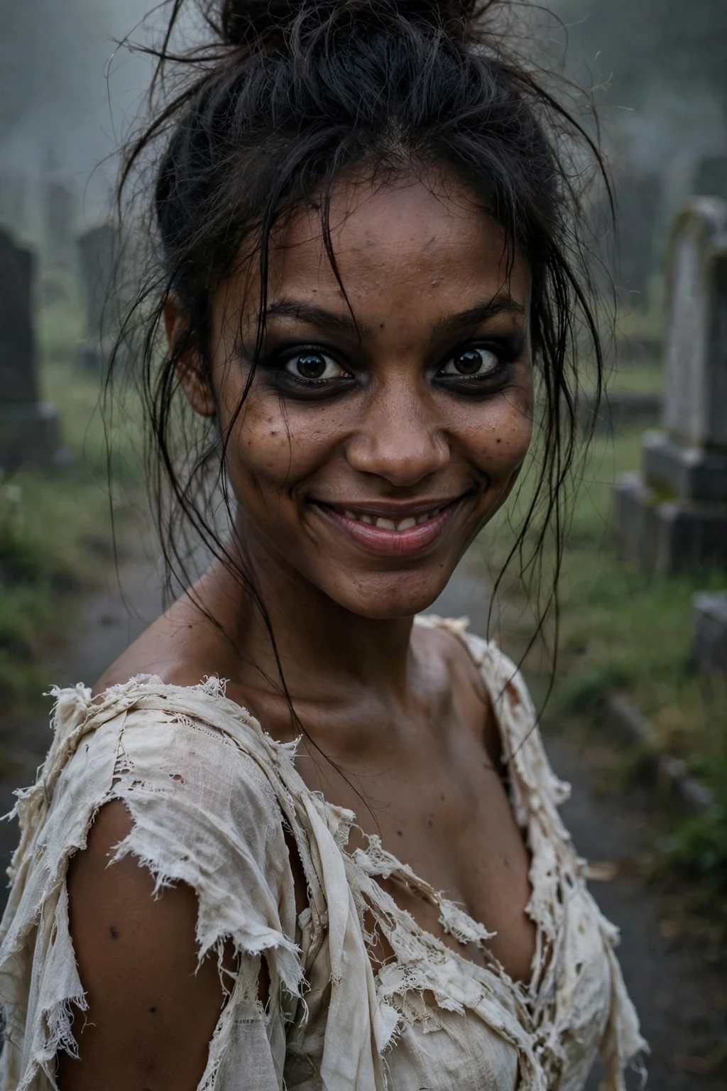 Young Black woman with a zombie bride messy bun with loose strands at a Halloween party.