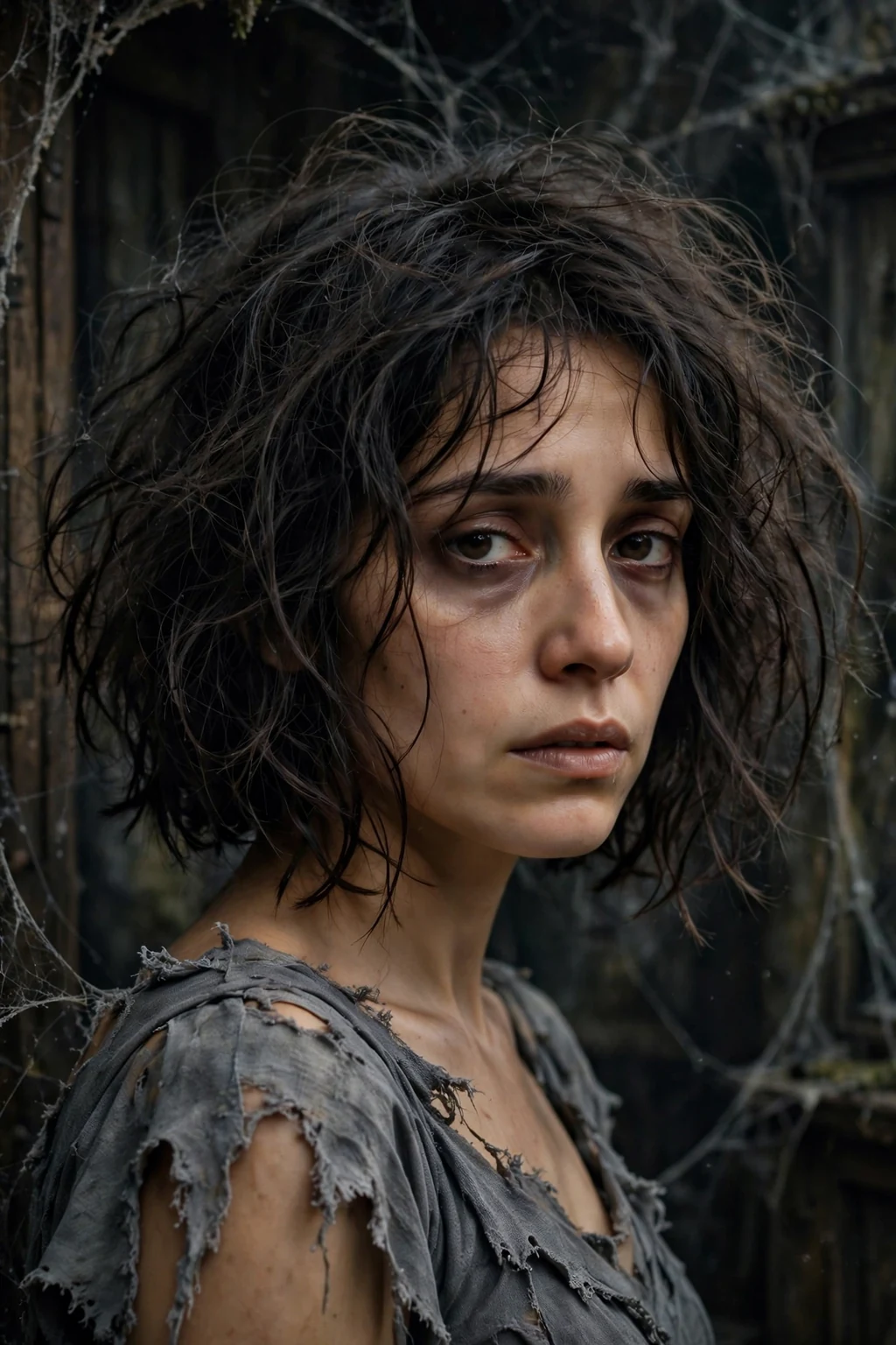 Young woman with a deliberately messy zombie bedhead bob with tangled texture, wearing a torn grey costume dress in a dim haunted house set.
