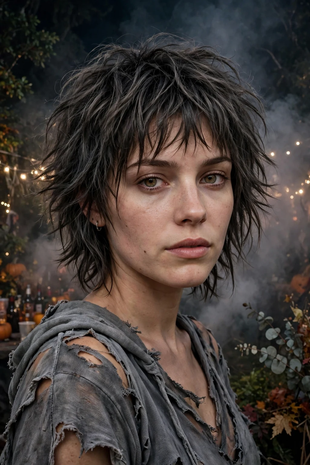 Young woman with a zombie textured shag and a torn gray outfit at a spooky outdoor party.